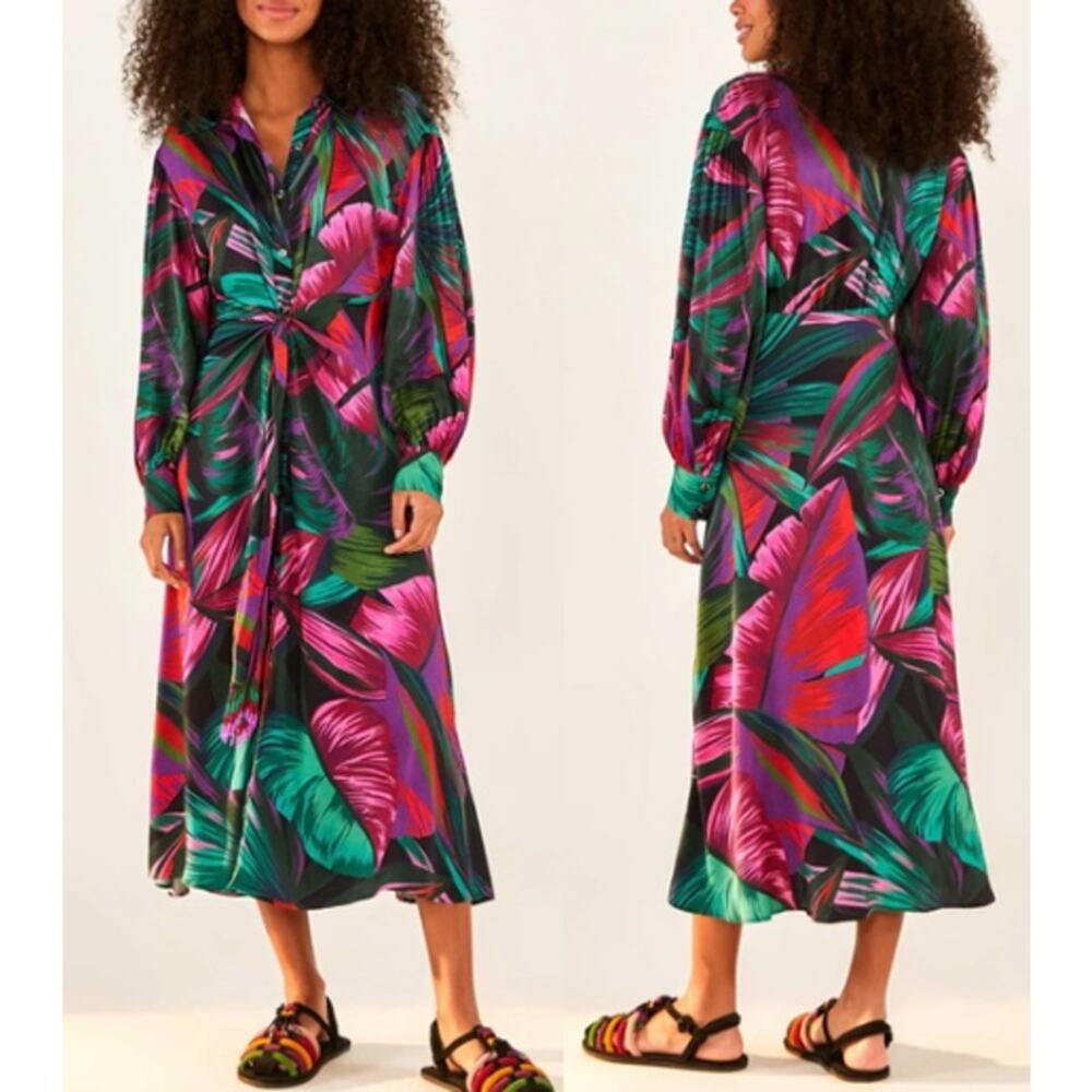 NWOT Farm Rio Midi Shirtdress Midnight Leaves Long Sleeve Belted Green Pink S